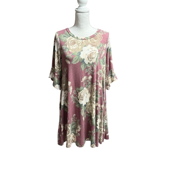 Floral Pink Women's Dress size medium NWT no brand has pockets bell sleeves - Picture 1 of 7
